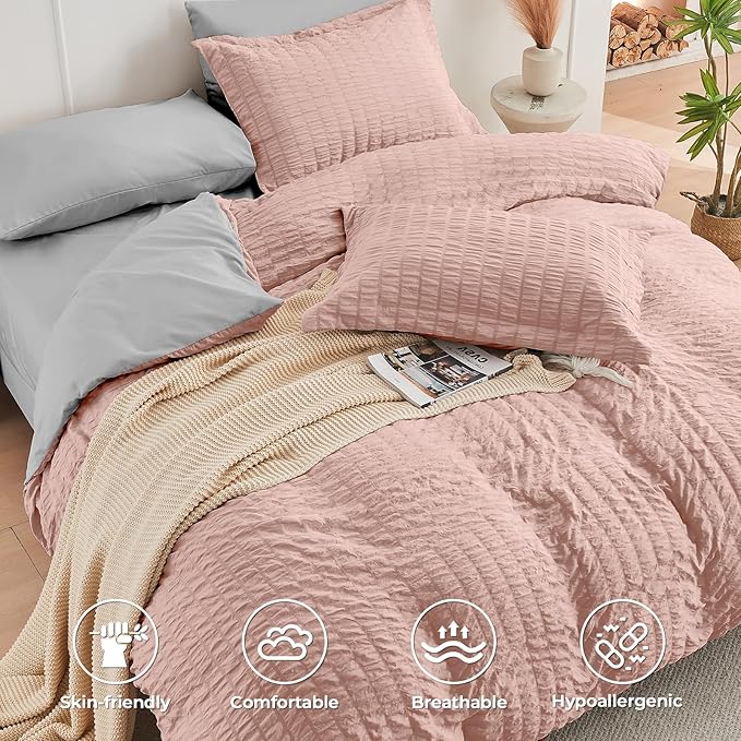 HYMOKEGE Rose Gold/Light Grey Full Size Comforter Sets Seersucker 7 Pieces, All Season Luxury Bed in a Bag for Bedroom, Bedding Set with Comforter, Sheets, Pillowcases & Shams