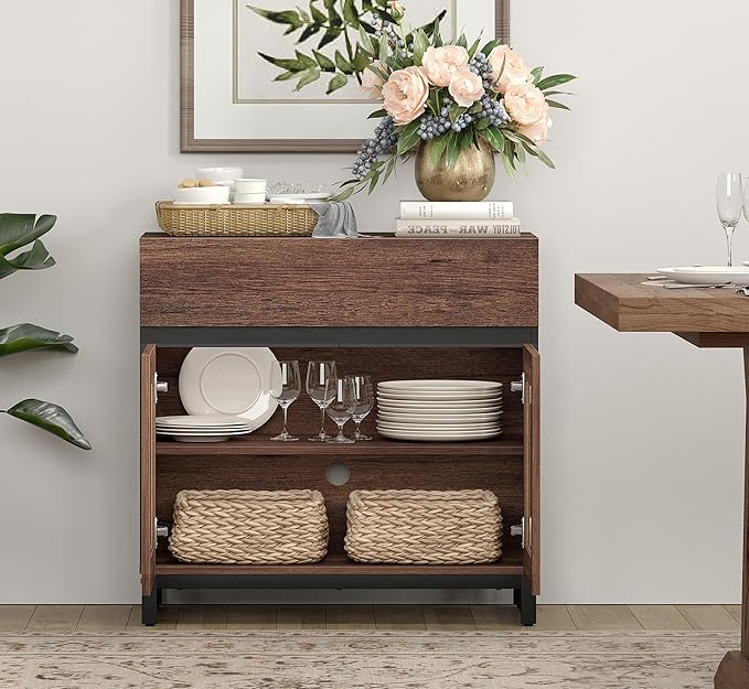WAMPAT Sideboard Buffet Cabinets with Glass Doors and Drawer, Modern Sideboard Credenza with Adjustable Shelf, Coffee Bar Storage Cabinet for Living Room, Kitchen, Brown