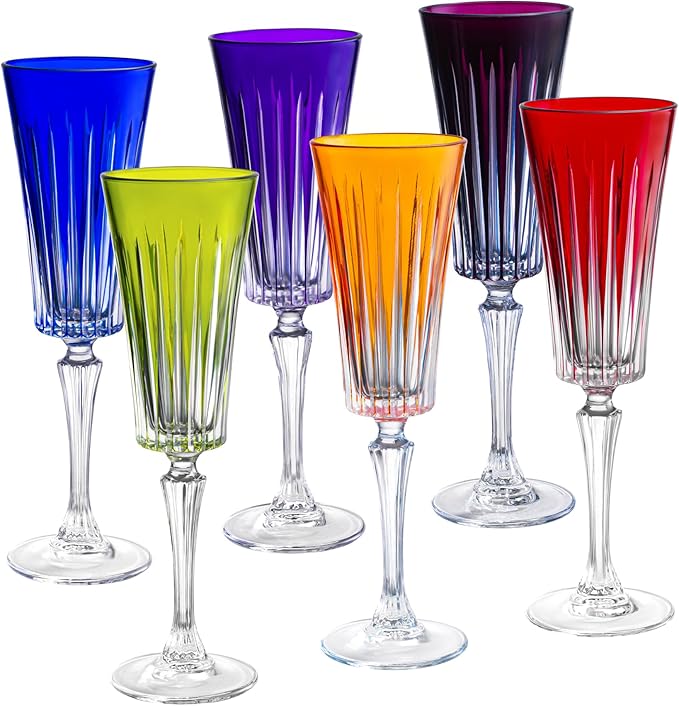 Barski Colored Champagne Flute Glasses - Assorted Colors - Toasting Champagne Flute Glass - Wedding or Anniversary Flutes - Set of 6 - Gift Ready Colored Glasses - 7 oz Made in Europe