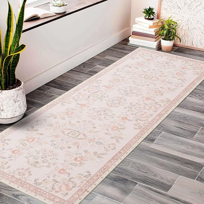 MUJOO Washable Runner Rug for Kitchen Hallways,2x6 Runner Rug Non Slip,Floral Carpet Runner for Bathroom Bedroom Laundry Floor,Long Mat Boho Indoor Vintage Low Pile Pink