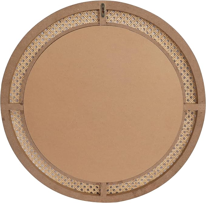 FLORA Round Rattan Wall Mirror with Wooden Framed, Modern Boho Decorative Mirror for Bathroom, Entry, Living Room, Bedroom, 24 Inch