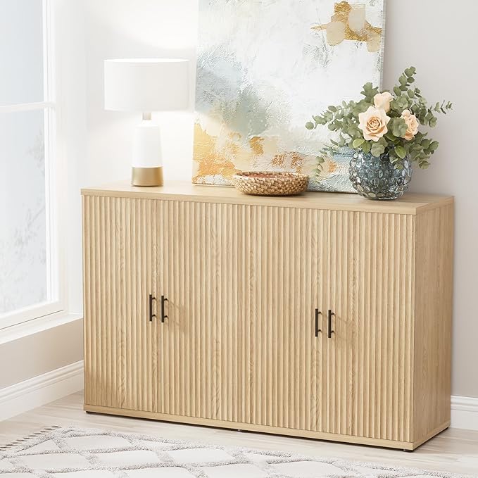 Yechen Accent Fluted Sideboard Buffet Cabinet with Storage and 4 Doors, Mordern Credenza Storage Cabinet with Adjustable Shelves, Media Console Table, for Living Room Dinning Entryway Kitchen/Oak
