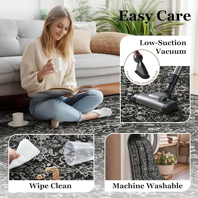 Dark 4x5 Area Rugs, Washable Throw Rugs with Rubber Backing for Kitchen Entryway, Low Pile Thin Throw Carpet Rug for Foyer/Nursery/Home Office/Living Room, Vintage Farmhouse Midnight