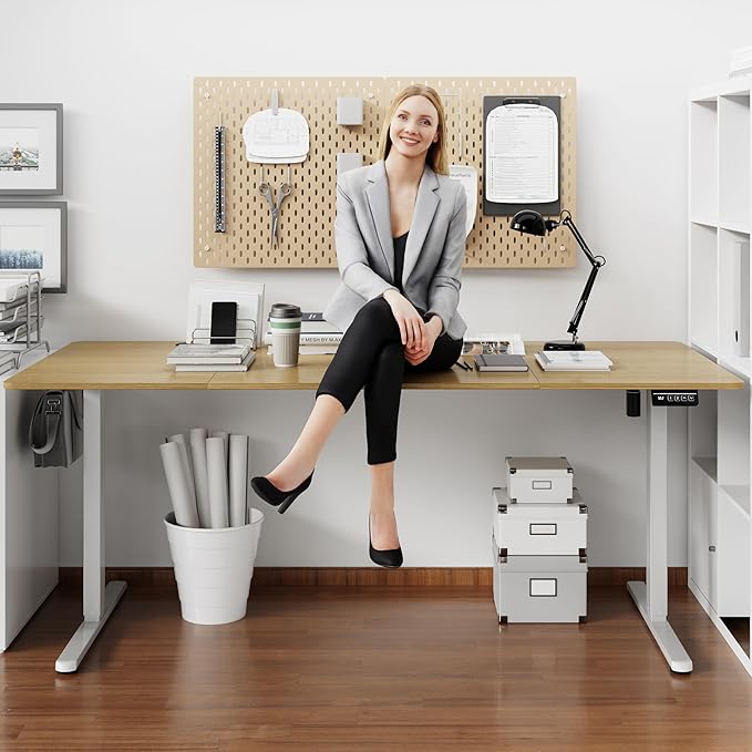 Shintenchi Standing Desk, 71x31 Inch Height Adjustable Electric Sit Stand up Desk, Ergonomic Rising Computer Table, Modern Lift Gaming Desk Workstation for Home Office, Walnut and White