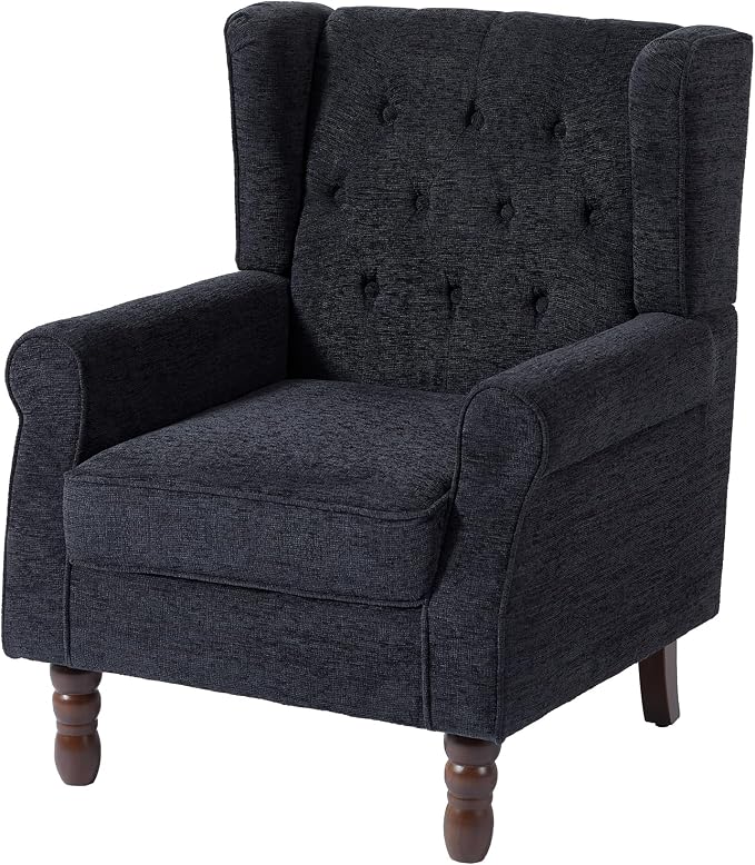 High Back Accent Chairs Set of 2, Upholstered Armchair in Fabric, Retro Wingback Arm Chair for Living Room, Comfy Single Sofa Bedroom Reading Seat with Solid Wood Legs - Black Blue