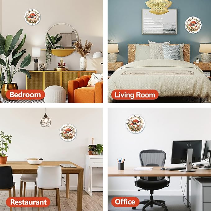 peacoblue Wall Clocks Battery Operated 12 Inch Mushroom Forest Glass Round Wall Clock Non Ticking for Kitchen Living Room Dining Room Bedroom and Bathroom Decor Accessories (Battery not Included)