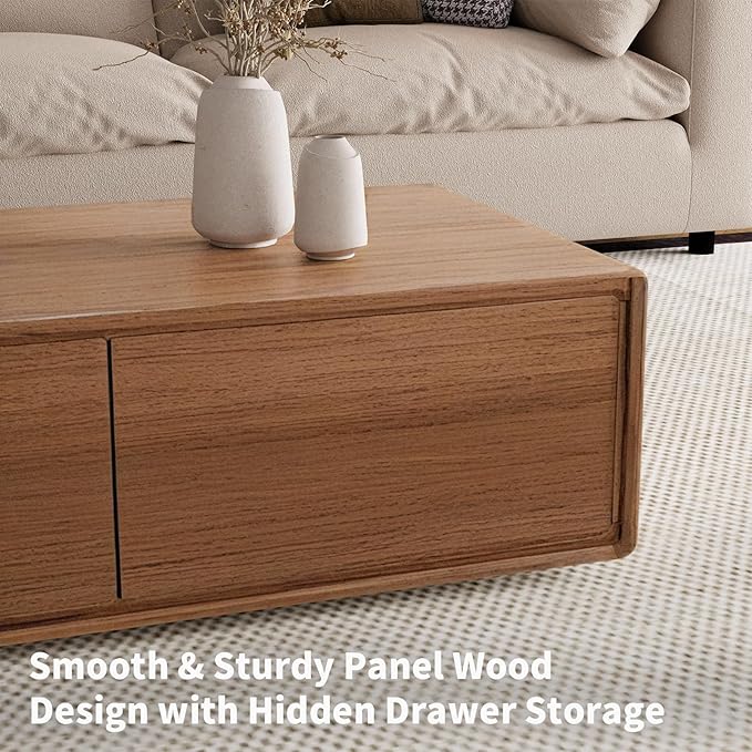 Luxury Walnut Wood Square Coffee Table with Large Hidden Storage, Expandable Tabletop Center Table for Living Room, Modern Accent Table with Drawers (Walnut Coffee Table)