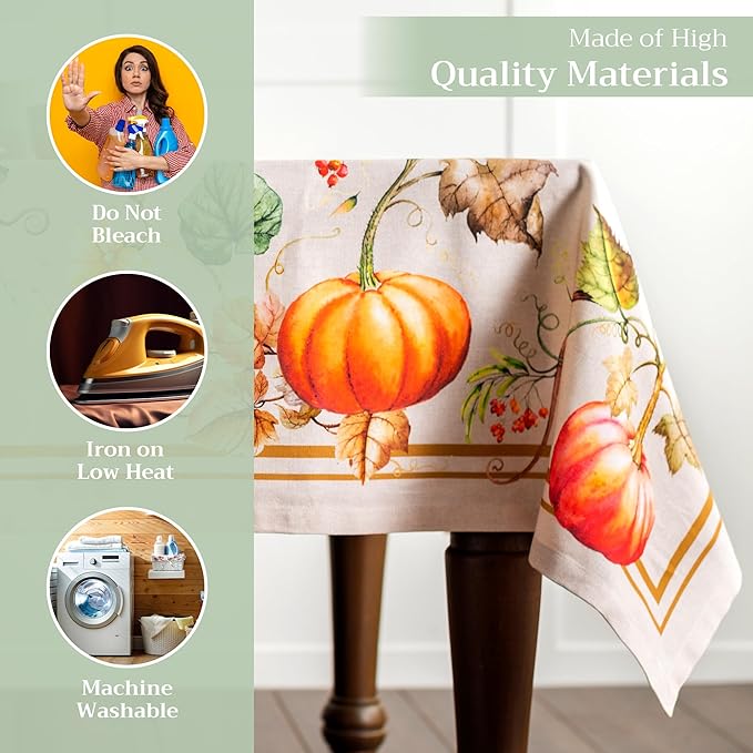 Maison d' Hermine Table Cloth Rectangle Table 100% Cotton 70 x 90 Inches Fall Tablecloth Reusable Everyday Use for Thanksgiving Christmas Decorations Dining Farmhouse Party (Potiron)