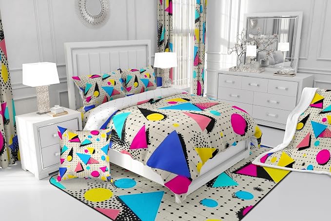 Retro 80s Style Bedding Set Twin,Abstract Geometric Pattern Duvet Cover Urban Modern Design with Circles and Triangle Comforter Cover Colorful Pop Art Inspired Pattern Quilt Cover for Boys Child