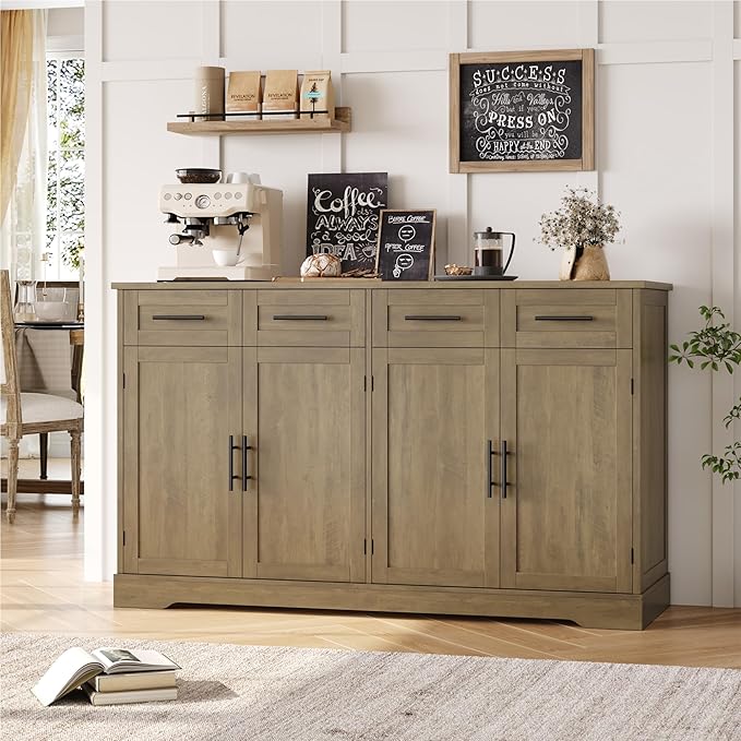 HOSTACK 60" Large Buffet Sideboard with Storage, 36" Tall Kitchen Buffet Storage Cabinet with 4 Drawer, Modern Coffee Bar Cabinet with Black Handle, Long Sideboard Table for Living Room, Rustic Brown