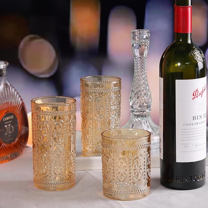 Darlion 6 Pack Highball Beverage Glass Cup, 12oz Amber Glassware Drinking, Vintage Embossed Drinking Glasses, Old Fashioned Glass for Party Wedding Home Office and Gift
