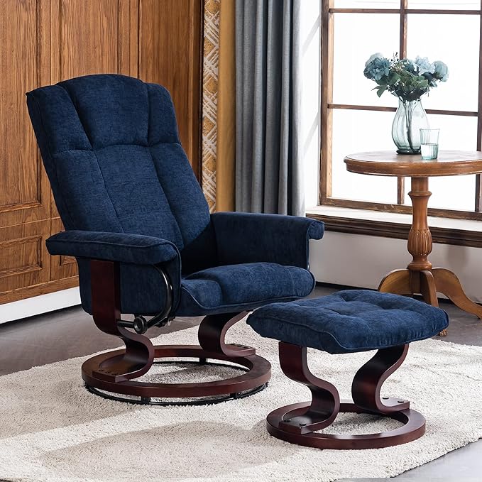 MCombo Manual Swivel Recliner with Ottoman, Chair Ottoman Set for RV Small Spaces, Living Room, Bedroom, Office 9019 4919 (Textile, Blue)