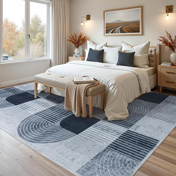 Large 8x10 Area Rugs for Living Room - Soft Mid Century Modern Rug for Bedroom, Washable Non-Slip Grey Rug Indoor Floor Mat Abstract Carpet for Dining Room Nursery Office Home Decor