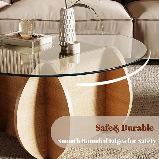 Honyee Round Glass Coffee Table, 30.7" Small Coffee Table with Tempered Glass Top and Wood Grain Base, Modern Circle Coffee Table for Living Room, Easy Assembly, Natural