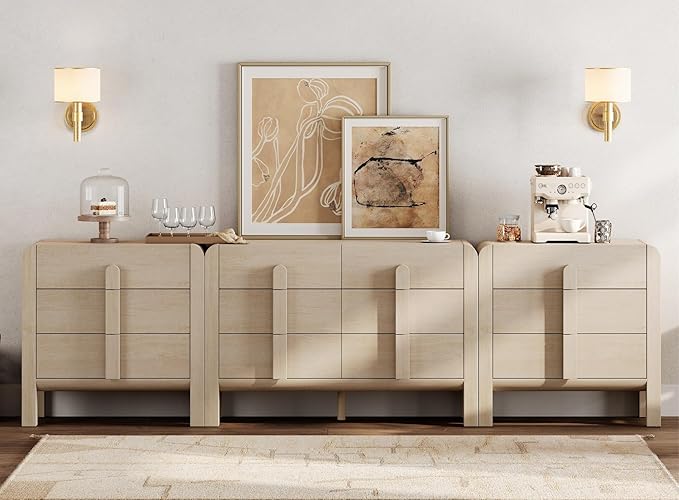 WAMPAT 110.2” W Large Sideboard Buffet Cabinet with Storage,Modern French Kitchen Buffet Cabinet with 12 Drawers,Wood Buffet Table Coffee Wine Bar Console Table for Kitchen,Dining Room,Light Oak