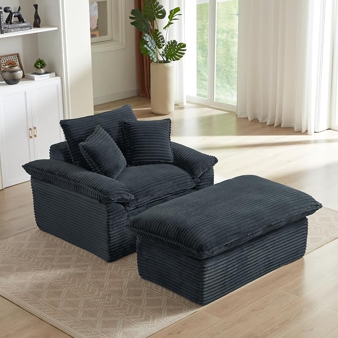 52" Boneless Chaise Lounge – Oversized Chaise Lounge Chair Indoor with Ottoman, Cup Holder & 3 Pillows, Corduroy 3-in-1 Floor Sleeper Chair Bed for Adults, Reading, Napping,Dark Grey