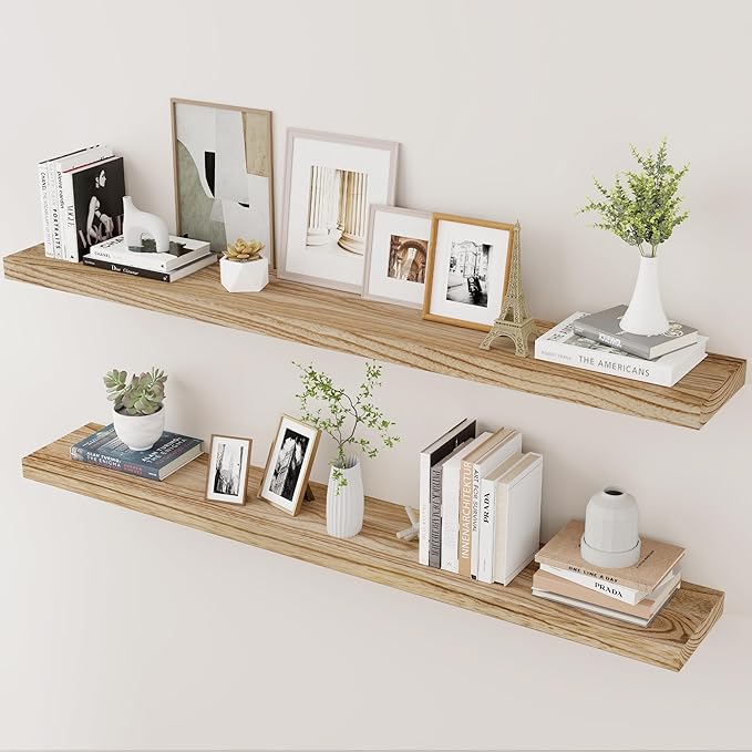 Marsmiles Wood Floating Shelves for Wall Set of 2, 48 Inch Wide Rustic Wooden Floating Shelves, Invisible Wall Mounted Display for Living Room Bedroom Kitchen Bathroom Office, Carbonized Black