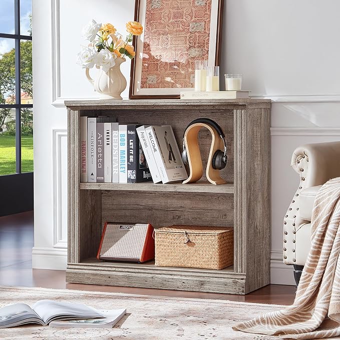RWYHG 30" Grey Bookshelf,2-Tier Thick Wooden Book Shelf with Adjustable Shelves,Free Standing Farmhouse Bookcase with Open Display Storage,Floor Vintage Bookshelves for Living Room,Office