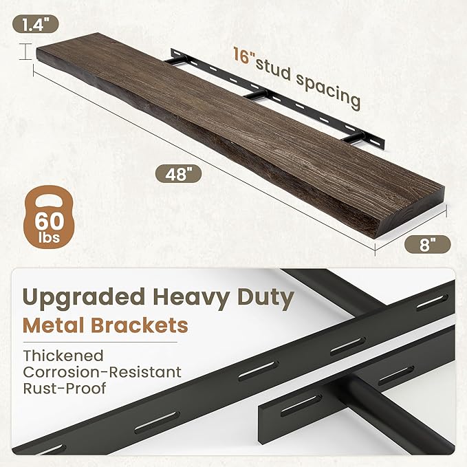 Fun Memories Floating Shelves for Wall Decor Set of 1-48 Inch Solid Elm Wood Live Edge - Rustic Walnut Wall Shelves with Invisible Brackets - for Living Room, Bedroom, Kitchen - Walnut Finish