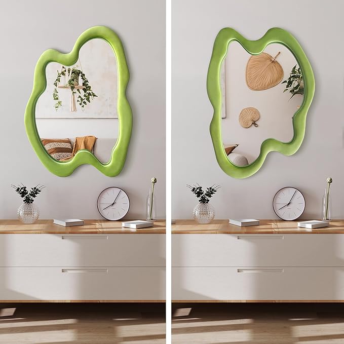 Irregular Wall Mirror, 28"x 36" Green Wavy Mirror, Flannel Wrapped Wooden Frame Asymmetrical Decorative Mirrors, Modern Wall Mirror for Bedroom Living Room Entryway