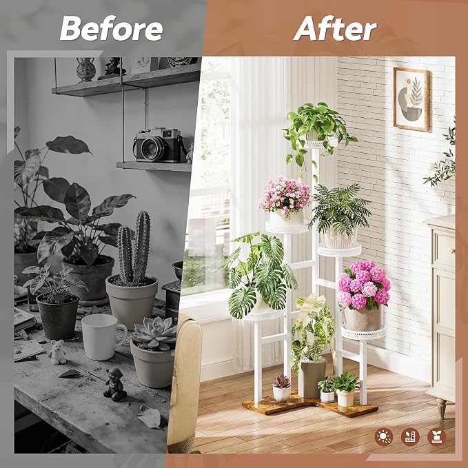 Tiered Plant Stand Outdoor,5 Potted Corner Plant Stands Tall Indoor, Metal Planter Display Rack for Multiple Plants, Wood Tall Plant Rack Shelf for House Patio LivingRoom - WhiteWave