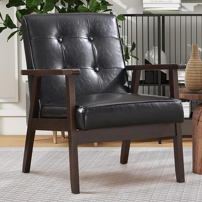Bonzy Home Accent Chair - Faux Leather Mid Century Modern Chair for Living Room | Sturdy Solid Wood Frame Armchair, Comfy Retro Chair for Bedroom & Small Spaces, Accent Chairs, Black