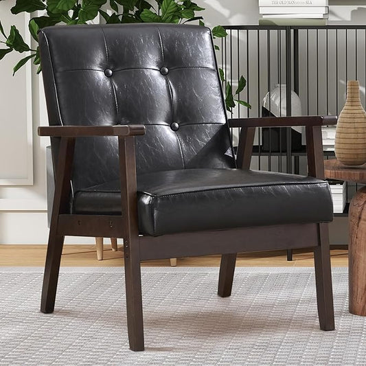 Bonzy Home Accent Chair - Faux Leather Mid Century Modern Chair for Living Room | Sturdy Solid Wood Frame Armchair, Comfy Retro Chair for Bedroom & Small Spaces, Accent Chairs, Black