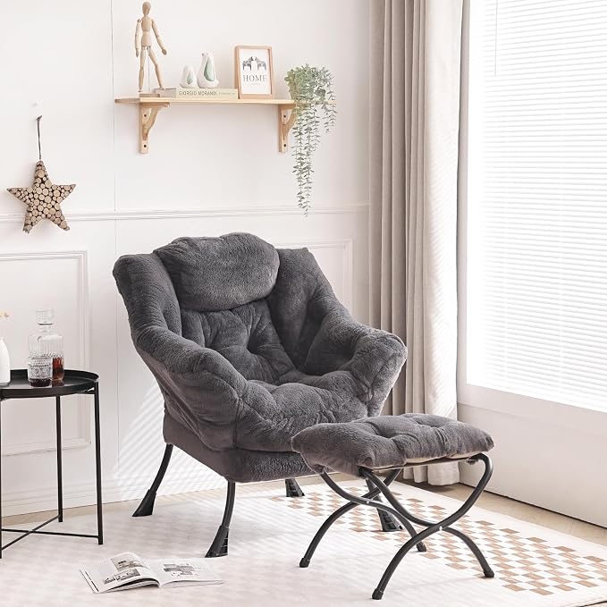Tiita Lazy Chair with Ottoman, Modern Large Accent Lounge Chair, Leisure Sofa Armchair with Ottoman, Reading Chair with Footrest for Bedroom, Living Room, Dorm Rooms, Garden, Plush-dark Grey