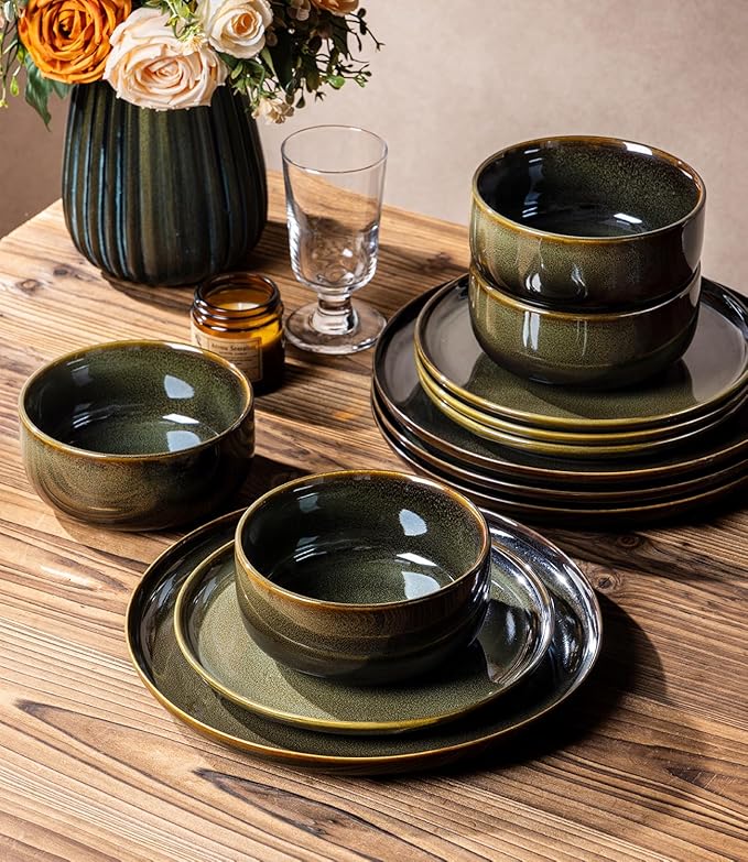 TheTerra Ceramic Dinnerware Sets, Handmade Reactive Glaze Plates and Bowls Set, Scratch Resistant Dish Set, Oven & Microwave & Dishwasher Safe, Sets for 4, Olive Green