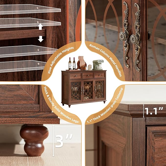 Farmhouse Sideboard Buffet Cabinet with Storage,48" Large Credenza with 3 Glass Doors & 3 Drawers,Adjustable Shelves Console Table,Wood Kitchen Coffee Bar for Dining Room,Living Room,Brown