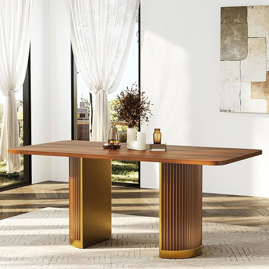AUZ 70" Mid-Century Modern Dining Table for 4-6, Wood Kitchen Table with Fluted Pedestal Base and Brushed Gold Accents, Large Rectangular Farmhouse Dinner Table, Walnut(Table Only)