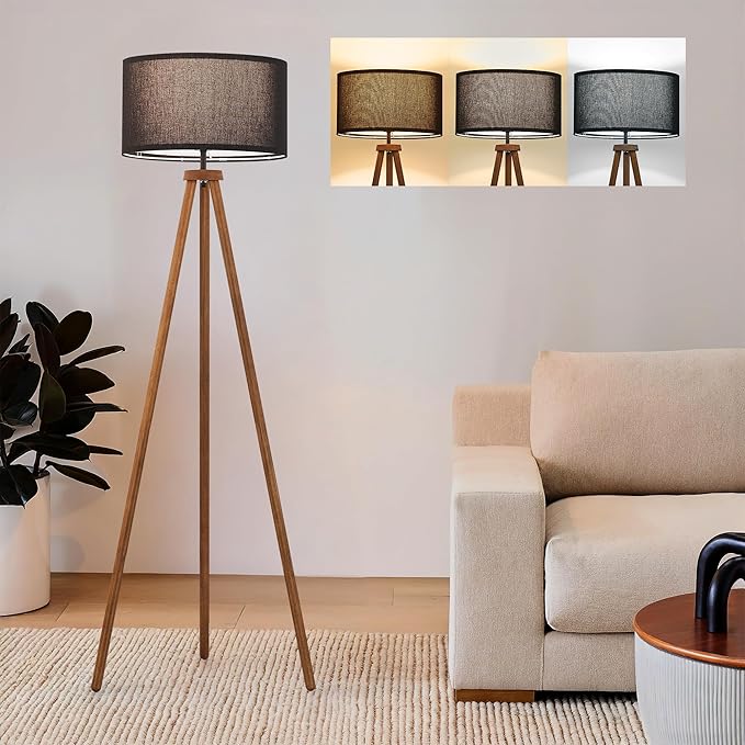 ELYONA Wood Tripod Floor Lamp Modern Standing Lamp with Black Drum Shade, Industrial Tall Reading Lamp for Office Living Room Bedroom, ETL Listed Walnut & Black, 3 Color Temperatures LED Bulb Include