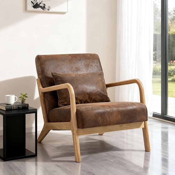 Mid Century Modern Lounge Chair with Wooden Frame & Gold-Embossed Upholstery, Vintage-Inspired Accent Chair with Pillow, Modern Living Room Chair for Stylish Home Interiors