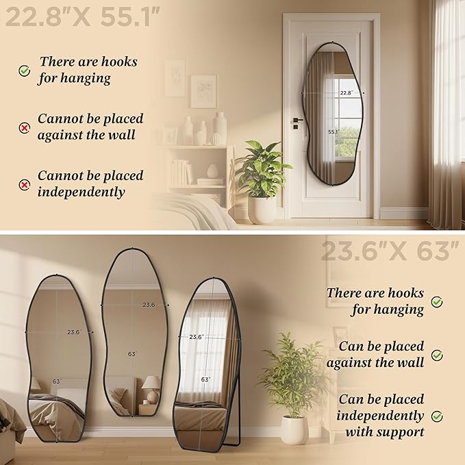 Mirror Full Length - Irregular Full Body Wall Mirror Hanging 55"x 23" Asymmetrical Aviation Aluminum Alloy Frame Unique for Bedroom, Living Room, Cloakroom, Entryway