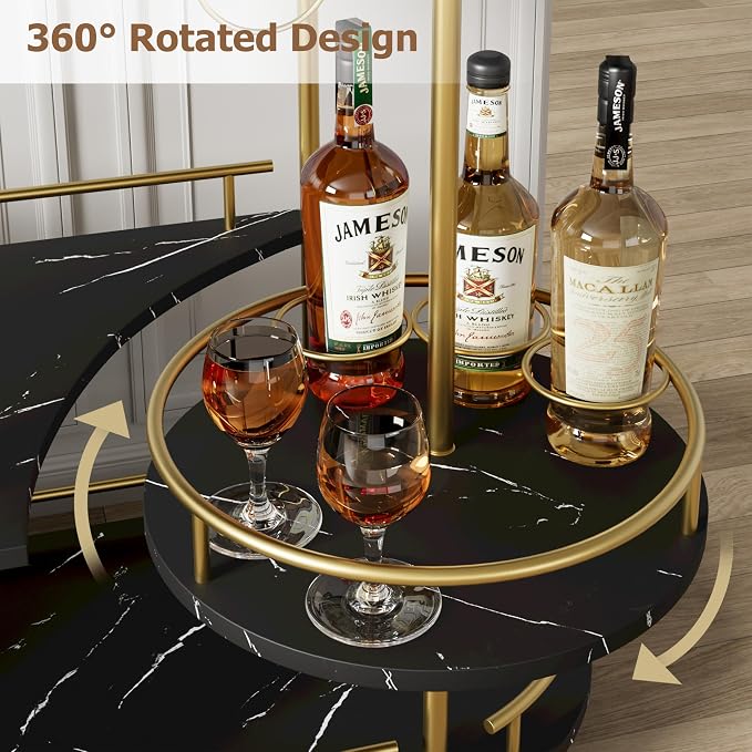 Modern 3-Tier Gold Bar Cart with Black Marble Panel – Mobile Serving Cart with Wine Rack & Glass Holder, Storage Shelves for Kitchen, Dining, Living Room – Gold Paint + Black Marble Panel
