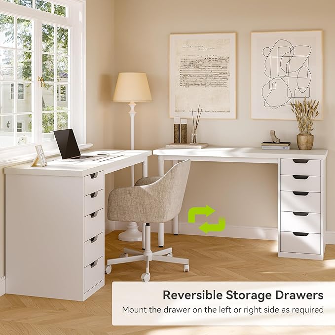 LITTLE TREE Computer Desk with 5 Drawers, 47 Inch White Modern Simple Study Writing Desk with Metal Frame, Work Desk for Home Office