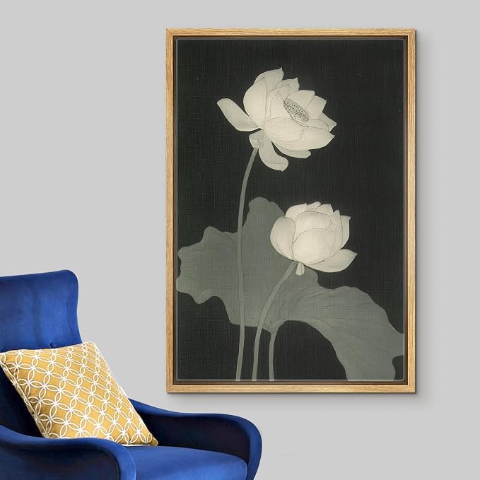 Woodrose Framed Canvas Print Wall Art Monochrome Lotus Blossoms Elegant Nature Illustrations Modern Art Minimalist 3D Colorful Ultra for Living Room, Bedroom, Office - 24"x36" NATURAL