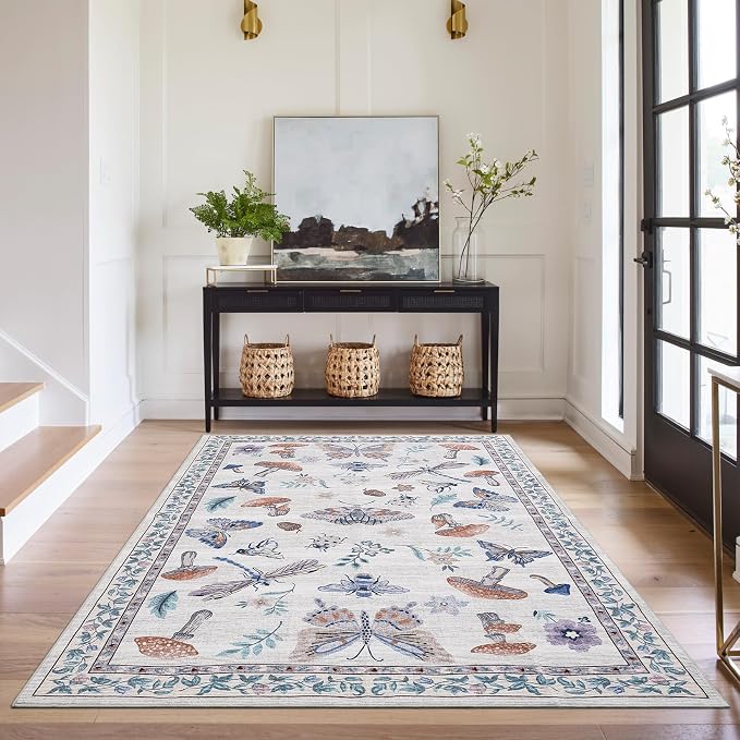 Washable 8x10 Rug for Living Room Vintage Mushroom Floral Accent Carpet Non Shedding Nursery Kids Room Rug Non Slip Soft Bedroom Large Area Rug Low Pile Boho Carpet for Dining Room Apartment, Beige