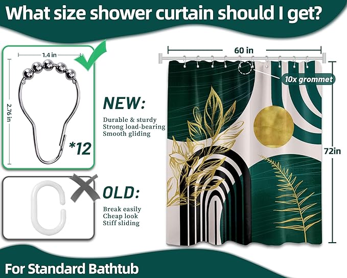 Dark Green Shower Curtain Boho Mid Century Modern Emerald Hunter Green and Gold Shower Curtains for Bathroom Decor, Waterproof Cloth Fabric with Hooks, 60" W x 72" L