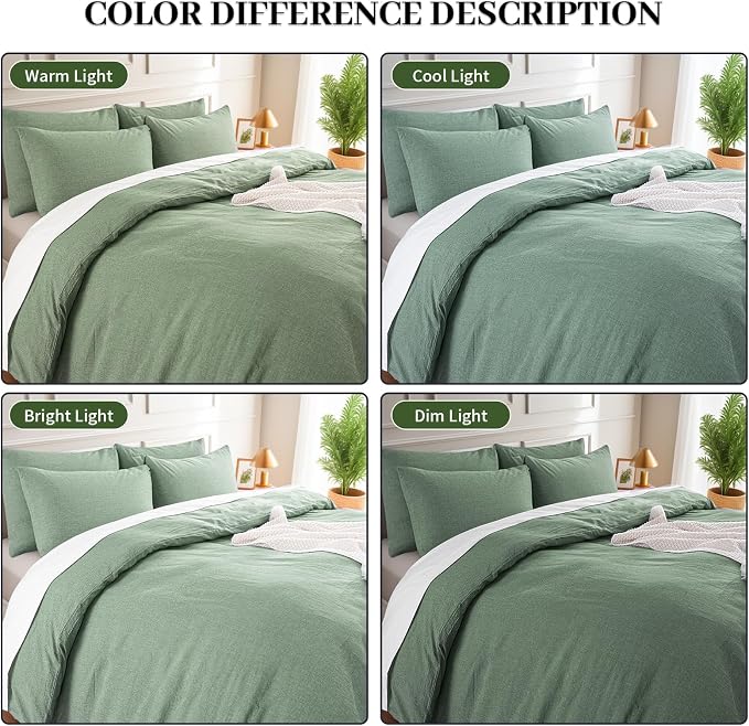 NEXHOME PRO Duvet Cover Queen 100% Washed Cotton, Organic Natural Linen Like Textured, Breathable, Durable, Home Bedding Set, Heathered Green 9090