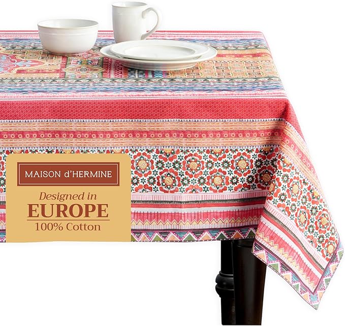 Maison d' Hermine Table Cloth Square Table 100% Cotton 60 x 60 Inches Fall Tablecloth Reusable Everyday Use for Thanksgiving Christmas Decorations Dining Farmhouse Party (Ispahan)