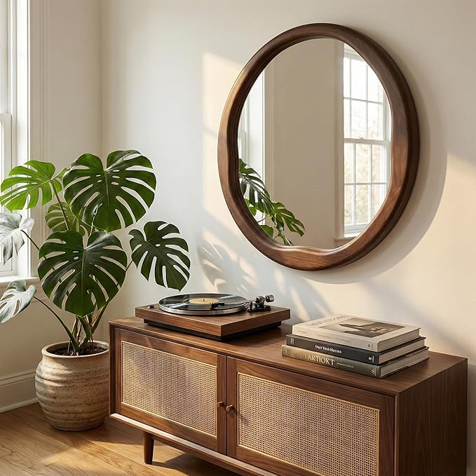 Round Dark Wood Mirror 30 Inch, Large Asymmetrical Wavy Frame Wall Mirror for Foyer, Fireplace, Solid Wood Irregular Luxury Decor