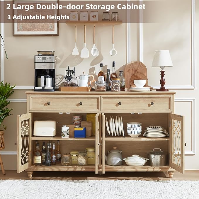 Large Sideboard Buffet Cabinet with Storage,59" Credenza with 4 Glass Doors & 2 Drawers,Adjustable Shelves Coffee Bar,Wood Kitchen Console Table for Dining Room,Living Room,Natural