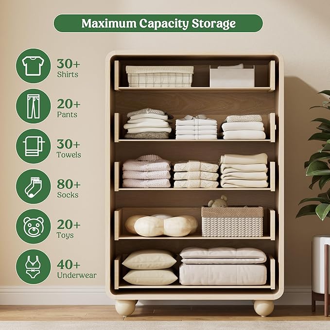 Lulive Wood Dresser for Bedroom, 41” Tall Chest of Drawers with 5 Drawers, Modern Closet Storage Drawer with Curved Profile Design for Living Room, Hallway, Entryway, Natural