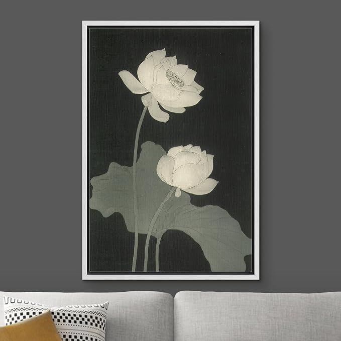 Woodrose Framed Canvas Print Wall Art Monochrome Lotus Blossoms Elegant Nature Illustrations Modern Art Minimalist 3D Colorful Ultra for Living Room, Bedroom, Office - 24"x36" WHITE