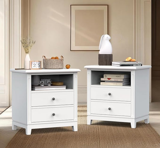 24" Wide Solid Wood Nightstands Set of 2, White Night Stand with 2 Large Drawers & Open Shelf, Bedside Table with USB Ports and Outlets, Farmhouse Nightstand for Bedroom