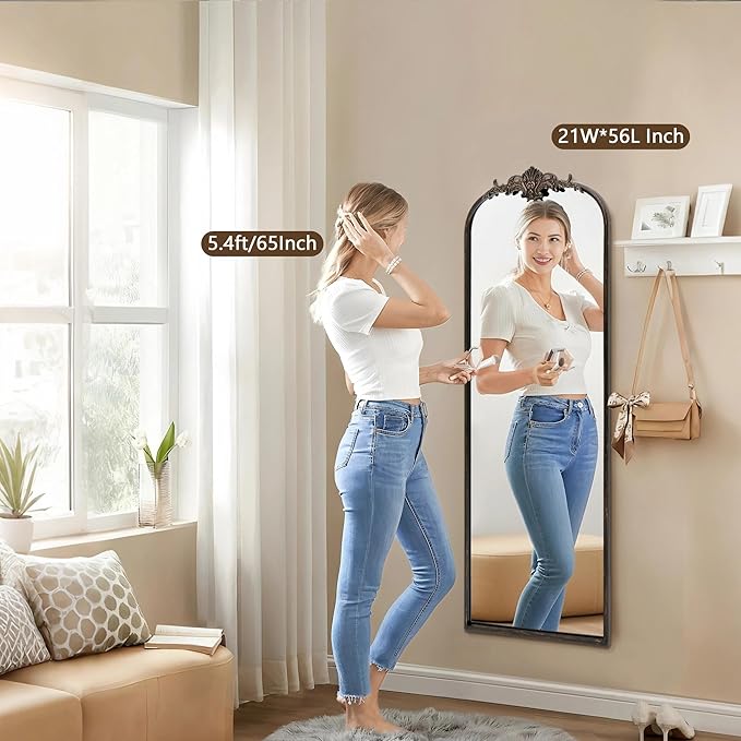 Besdomus Arched Mirror Full Length: 21"x56" Black Vintage Full Body Mirror - Floor Antique Baroque Traditional Ornate for Entryway/Cloakroom/Bedroom/Living Room - Home Decor for Homemakers