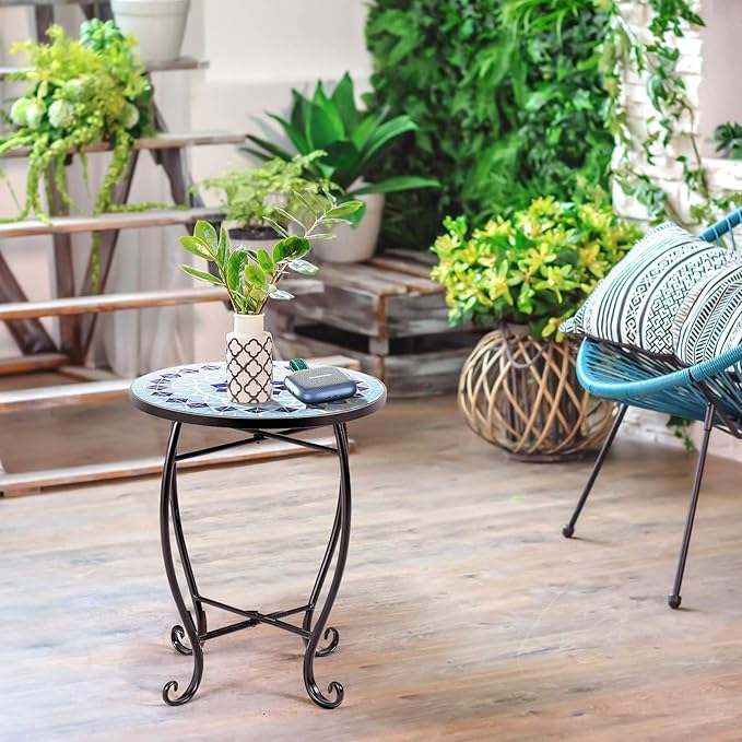 Giantex Outdoor Side Table, Mosaic Patio Table, 14inch Accent Table Plant Stand Indoor, Ceramic Tile Top Metal Frame, Small End Table Porch Beach Patio Garden Balcony Poolside