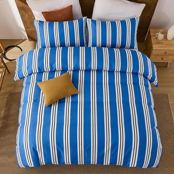 Merryword Striped Duvet Cover Set Queen Size - 100% Cotton Duvet Cover Set, Blue Ribbon Stripes Pattern Comforter Cover 3 Pieces, Soft Linen Like Bedding Set for All Seasons