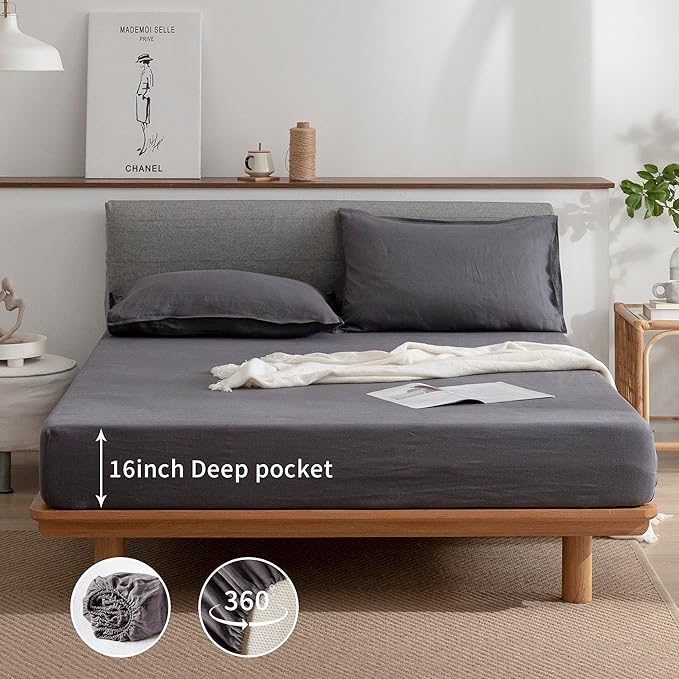 EVERLY Linen Sheets Set King Size,100% French Stonewash Pure Linen Bed Sheets,4Pieces (1Flat Sheet,1Fitted Sheet,2Pillowcase) Suitable for Hot Sleepers,Deep Pocket Natural Bedding Set-Dark Grey
